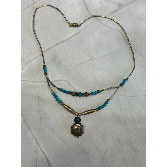 Southwestern Hand Crafted Faux Turquoise and Etched Silver Design Necklace - Picture 6 of 6